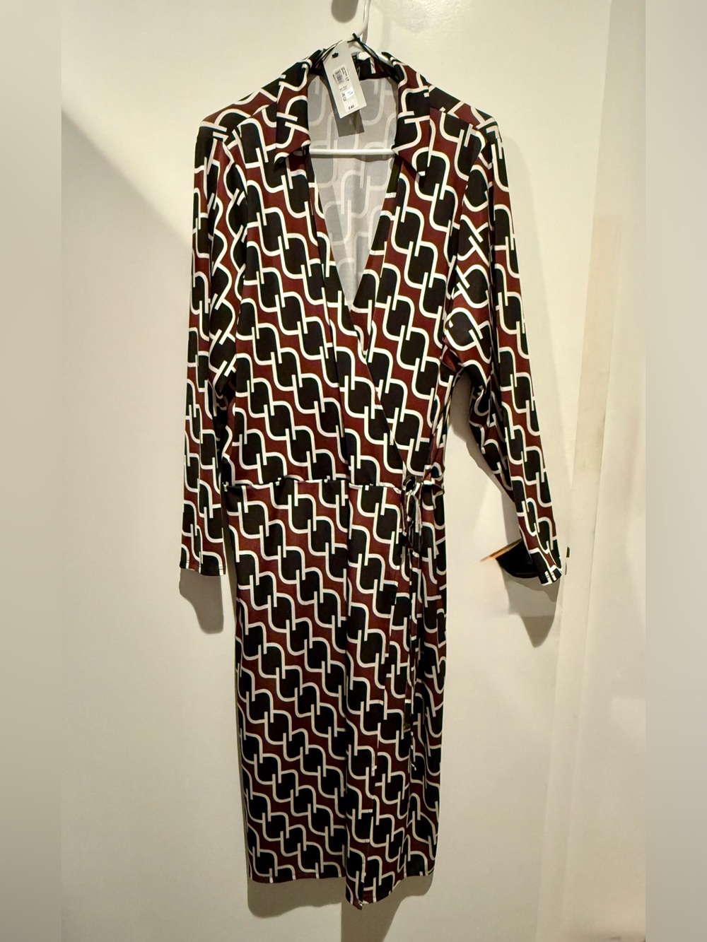 Navy, Brown and White Print Wrap Midi Dress - US size 22